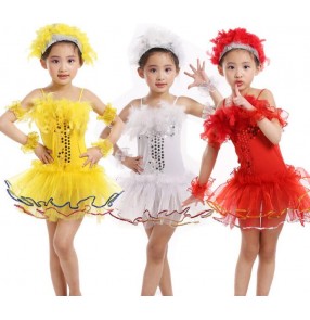 Yellow gold red white sequined feather girls kids children toddlers kindergarten cos play modern dance school play jazz dance performance outfits dresses